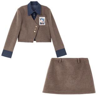 KEIKO 时髦通勤毛呢西装套装女26春季复古撞色垫肩小西服+半身裙