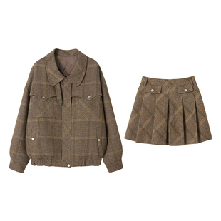【落叶思南】Uena美式复古棕色格纹立领棉服羊毛呢外套半身裙套装