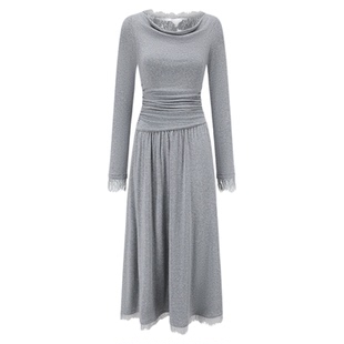 SHRO ENRO 2025年秋季新款高级法式假两件蕾丝褶皱长袖连衣裙长款