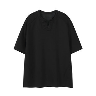 美式高街V领T恤男士夏季潮牌百搭重磅硬挺boxy短袖正肩修身上衣款