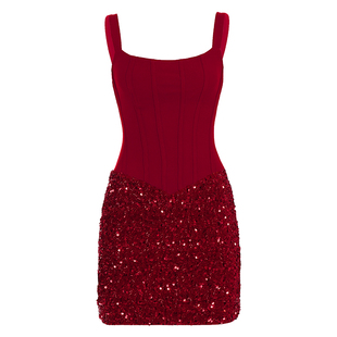 DARLINGAGA性感派对红色亮片拼接包臀连衣裙女束腰显瘦低胸吊带裙