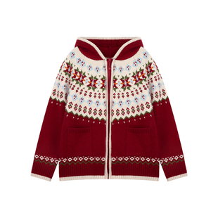 Amybaby女童上衣冬季2025新款费尔岛提花连帽针织宽松保暖毛衣