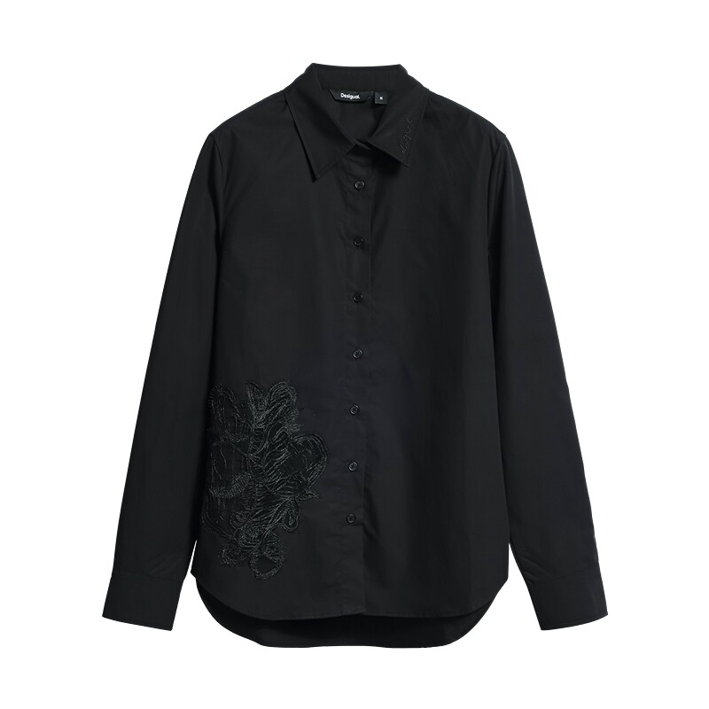 Desigual26秋冬新品宽松黑色蕾丝镂空贴布长袖女式衬衫