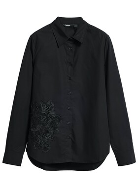 Desigual26秋冬新品宽松黑色蕾丝镂空贴布长袖女式衬衫