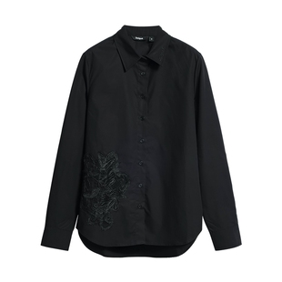 Desigual26秋冬新品宽松黑色蕾丝镂空贴布长袖女式衬衫