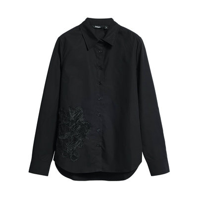 Desigual26秋冬新品宽松黑色蕾丝镂空贴布长袖女式衬衫