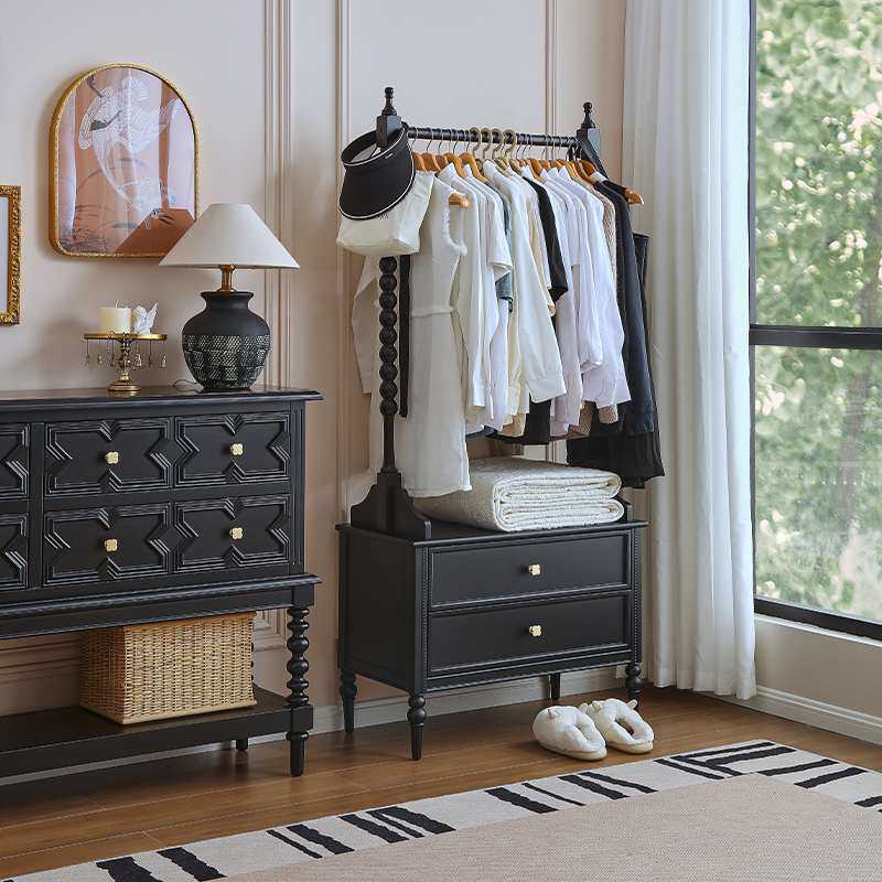法式实木落地衣帽架床头柜一体黑色卧室开放式衣柜美式复古挂衣架