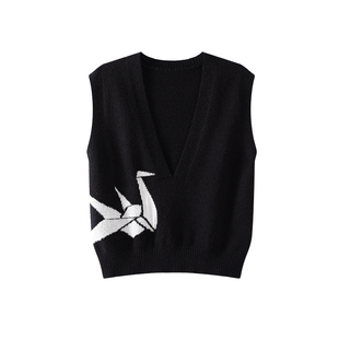 OSA欧莎复古提花背心马甲针织衫女2025年秋季新款慵懒宽松V领上衣