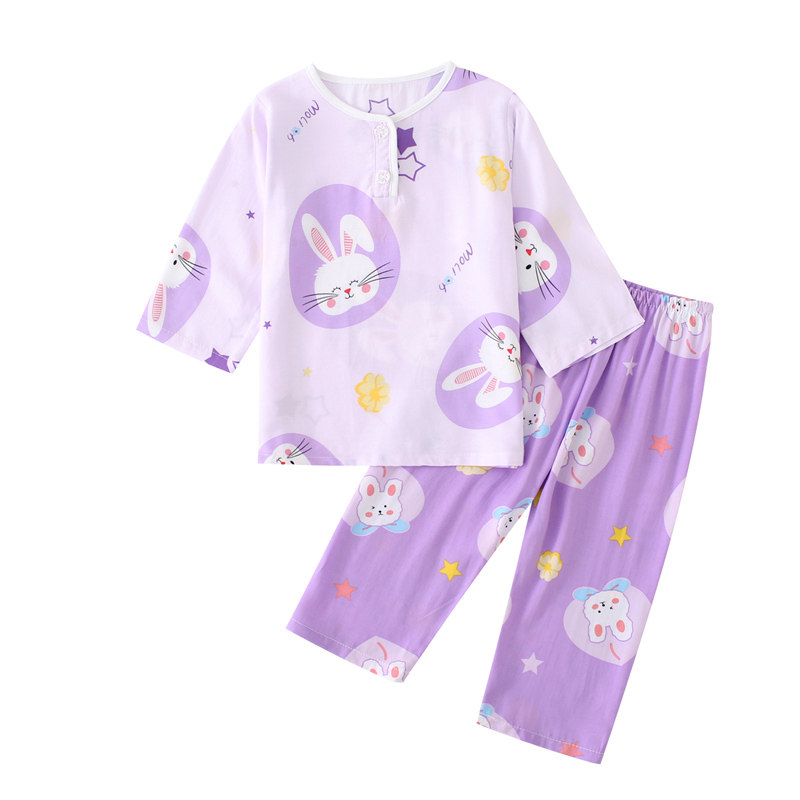 夏季儿童棉绸睡衣小女孩长袖薄款家居服套装