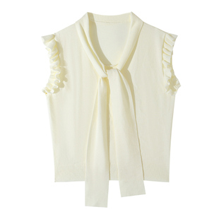 大于诗集 美貌野心家 木耳边花边小飞袖T恤系带羊毛针织马甲背心
