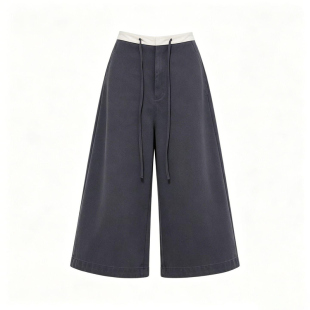胖mm大码女装深灰色抽绳七分阔腿裤女夏季拼色休闲西裤直筒短裤子