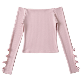 【包邮】纯欲性感露锁骨一字肩长袖T恤女袖口蝴蝶结镂空打底上衣