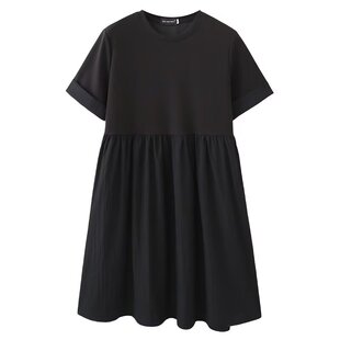 大码黑色连衣裙女夏新款宽松显瘦休闲中长裙遮肚子高腰短袖A字裙