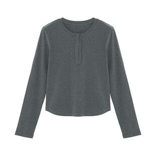 IAmMIX27半开圆领打底衫女短款修身显瘦简约套头针织衫女长袖T恤