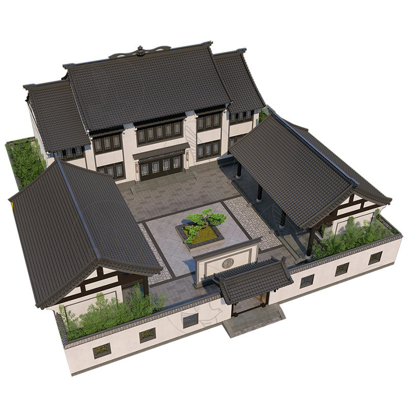 四合院模型su民宿建筑造景酒店改造农村自建房中式别墅设计效果图