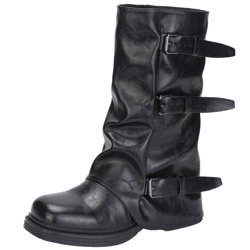 saturdaymode西部靴女2025冬季新款复古风褶皱中筒堆堆靴骑士靴