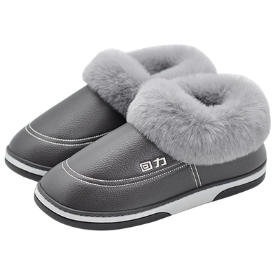 回力防水保暖棉拖鞋男式冬天家居室内厚底皮面高级感情侣女款外穿