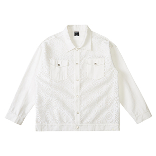 韦恩泽维尔大码白色衬衫男长袖宽松春季蕾丝网眼设计感外搭潮8657