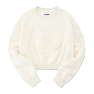 KIRSH2025秋冬樱桃刺绣短款绒感加厚圆领卫衣女韩版休闲套头上衣