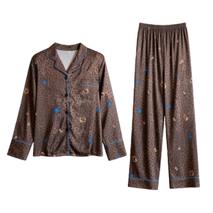 猫人冰丝睡衣女春秋款夏季带胸垫长袖豹纹家居服高级感送女友礼盒