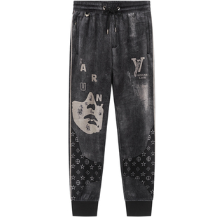 BM复古印花拼接烟灰色裤子男ins潮炸街痞帅长裤男士休闲运动卫裤