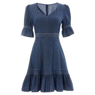 老钱风！牛仔连衣裙夏短袖V领荷叶边高腰收腰a字裙短裙鱼尾裙短款