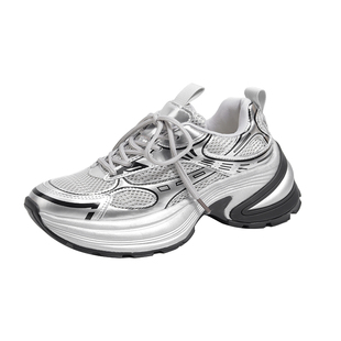 真皮~骄屿露思明星同款太空银厚底休闲运动鞋百搭增高秋冬老爹鞋