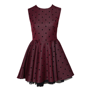 DPLAY2025年秋季新款红色连衣裙女独特网纱拼接短款波点裙子短裙