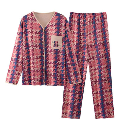 浪莎纯棉带胸垫睡衣女春秋季套装