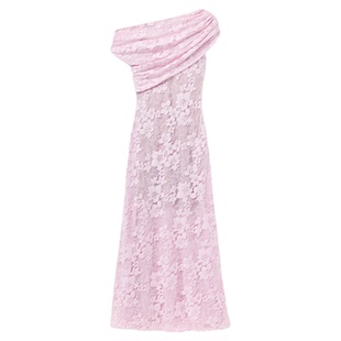 self-portrait 2026早春新款粉红色钻饰蕾丝斜肩礼服连衣裙中长裙