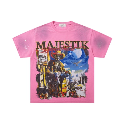 MAJESTIK美式风骷髅烫钻短袖T恤男色摇滚宽松上衣