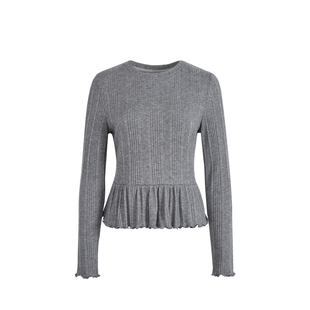 阔色杏色长袖荷叶边t恤2026春季新款女装显瘦内搭打底衫上衣秋冬