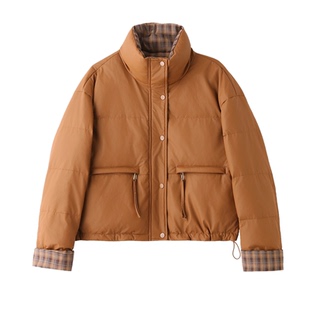 短款PU皮羽绒服女2025冬新款巨好看欧货拼接格子立领保暖面包服潮