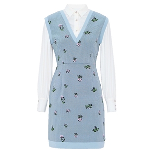 马天奴2025春夏新款绿花提花连衣裙子长袖收腰假两件时尚气质女