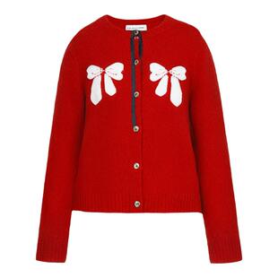 【孟佳同款】HERLIAN 2025年春季撞色蝴蝶结设计圆领针织开衫毛衣