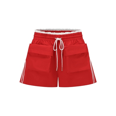 Alexia Sandra2025夏季新款大口袋撞色抽皱腰头条纹运动休闲短裤