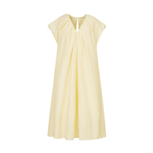 LESS夏季休闲度假风V领A型棉桑蚕丝褶皱短袖长款连衣裙2O5G11920