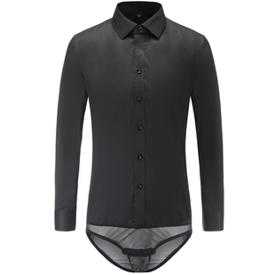 男士工装冬季带裆衬衫职业连体衬衣弹力修身工装白色正装长袖加绒