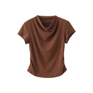 「自在系列」亚麻莱赛尔混纺荡领小飞短袖T恤短款收腰正肩上衣女