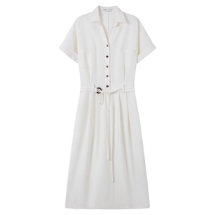 RUISHI芮时“柔权主义” 经典短袖系带显瘦通勤衬衫连衣裙女春夏