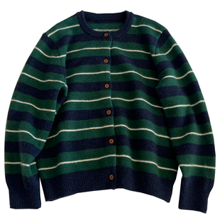 复古洋气绿色条纹圆领纽扣开衫毛衣女减龄文艺学生针织衫秋季新款