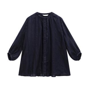 EXCEPTION例外女装苎麻混纺复古绣花时尚通勤上衣圆领七分袖衬衫