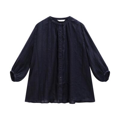 EXCEPTION例外女装苎麻混纺复古绣花时尚通勤上衣圆领七分袖衬衫