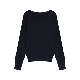 pusumede 极简主义 黑色基础款V领长袖针织衫上衣女慵懒感打底T恤