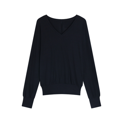 pusumede 极简主义 黑色基础款V领长袖针织衫上衣女慵懒感打底T恤