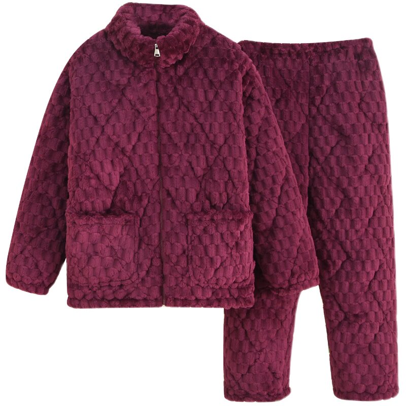 中老年人睡衣女冬季三层夹棉法兰绒加厚加绒立领珊瑚绒冬天家居服