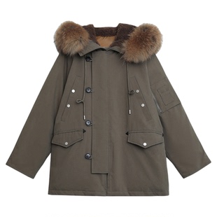 CV大码女冬新款工装连帽羽绒服外套真貉子可拆卸毛领派克服女胖mm