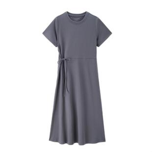 佐丹奴裙子女夏季新款纯色极简风侧腰带圆领短袖连衣裙女05465485