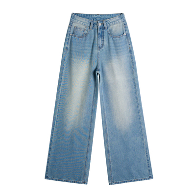 小个子复古蓝阔腿裤女