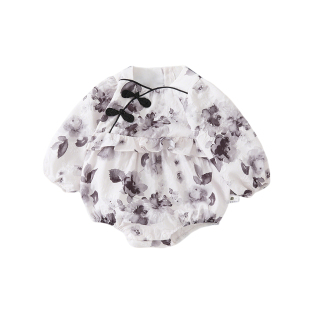 小月龄包屁衣春季2026新款男宝宝山水国风连体衣小男孩水墨画哈衣